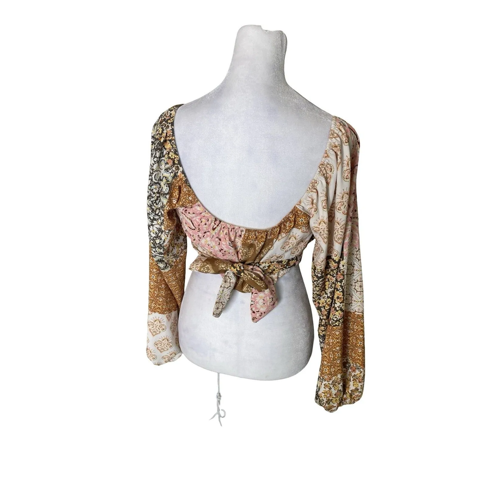 Altar'd State Pink Brown Patchwork Boho Crop Top Small Long Sleeve Tie Front - Image 2