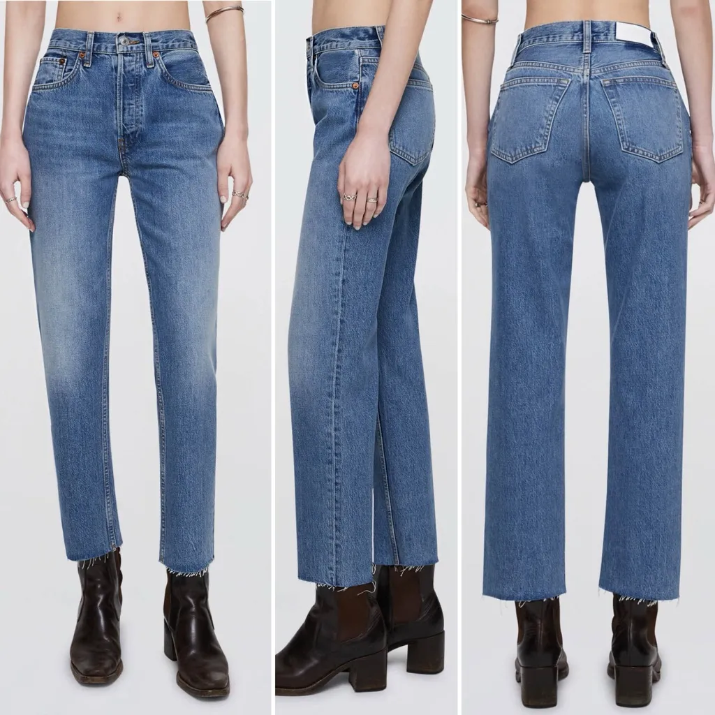 RE/DONE 70s Stove Pipe Jeans in Medium Vain Sz 25 High Rise Raw Hem Rigid Denim - Image 9