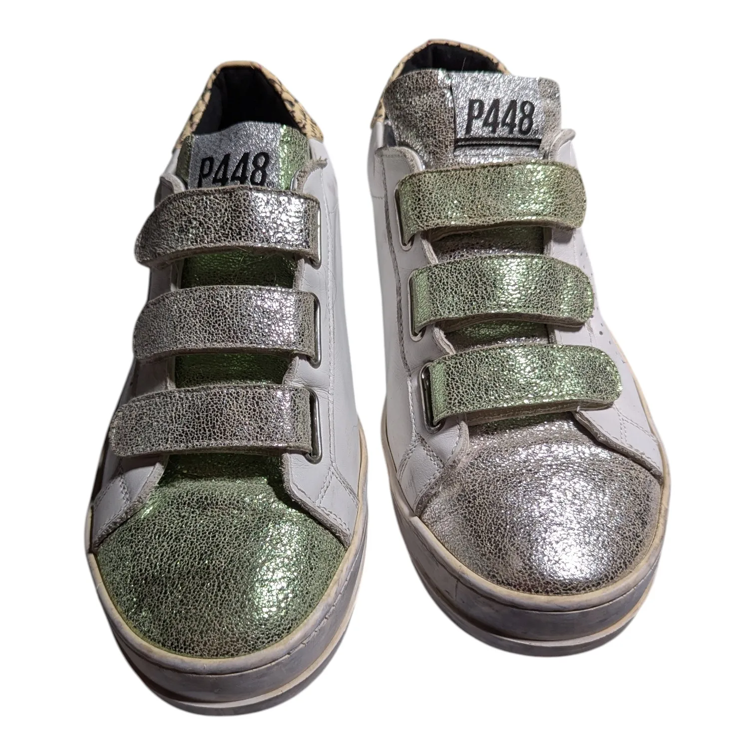 P448 John Green Silver Metallic White Leather Hook and Loop Sneakers 40 9.5 - Image 2