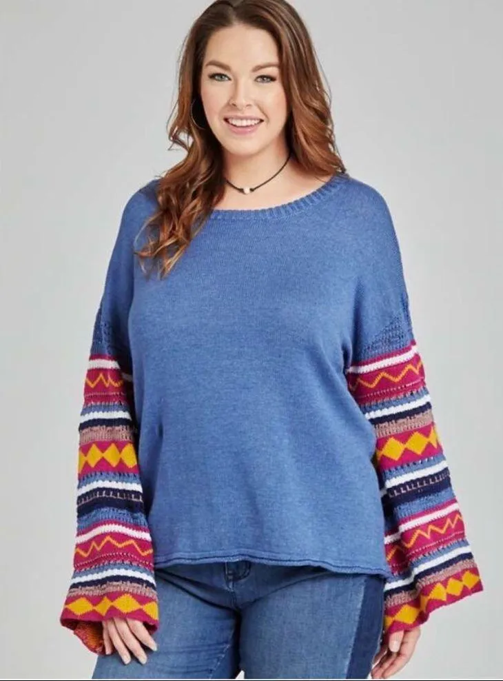 Killian BoHo Bohemian Patterned Sleeve Dusty Blue Bell Sleeve Sweater Size undefined - Image 1