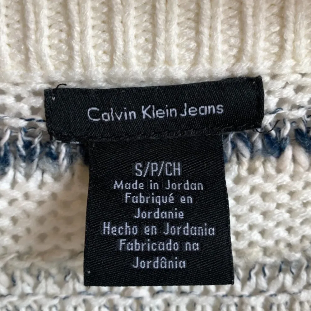 Calvin Klein Jeans Cream, Blue, & Gray Striped Crew Neck Sweater - Image 3