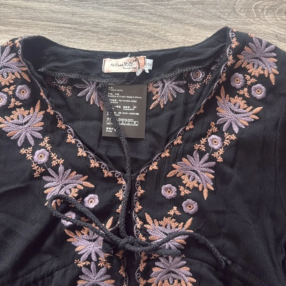 Black Long Sleeve Bell Sundress with Embellished  Boho Embroidered Hi lo Dress - Image 5