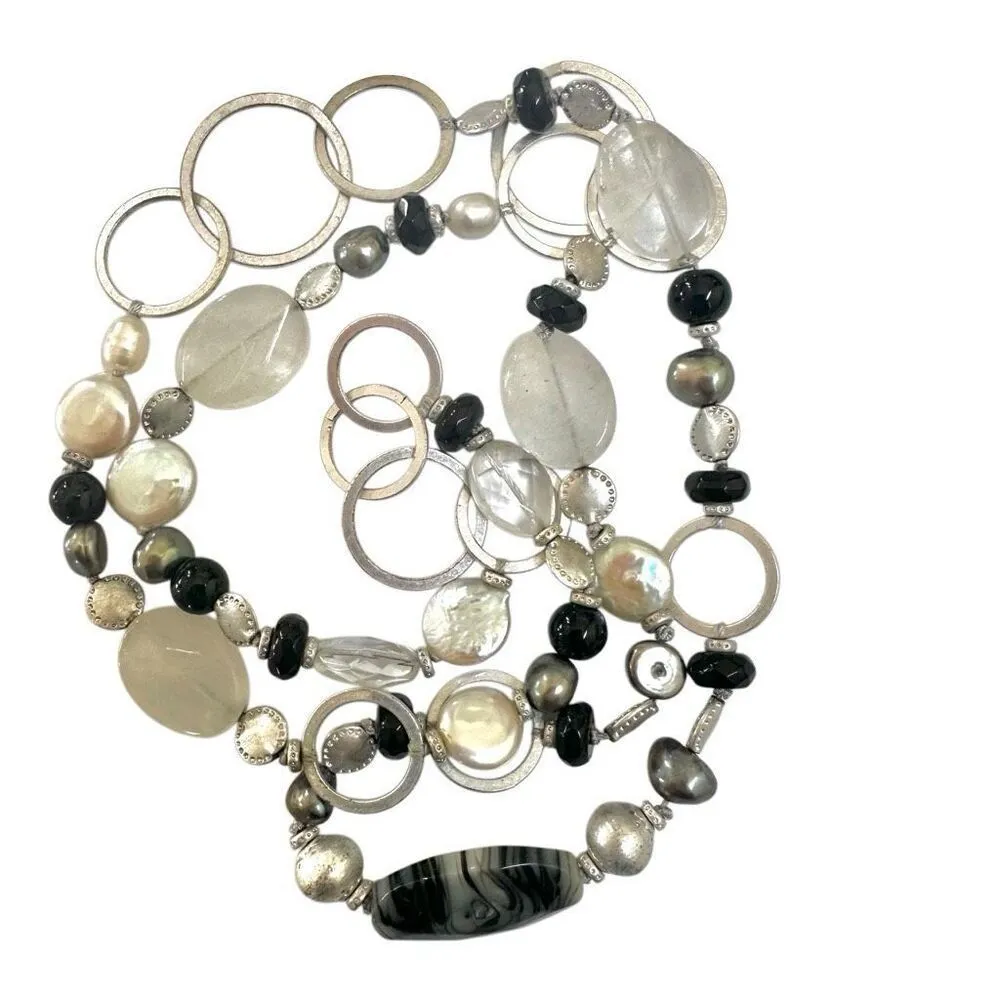 Stella & Dot Necklace Silver Tone Rock Crystal & Onyx Freshwater Pearl Necklace - Image 4
