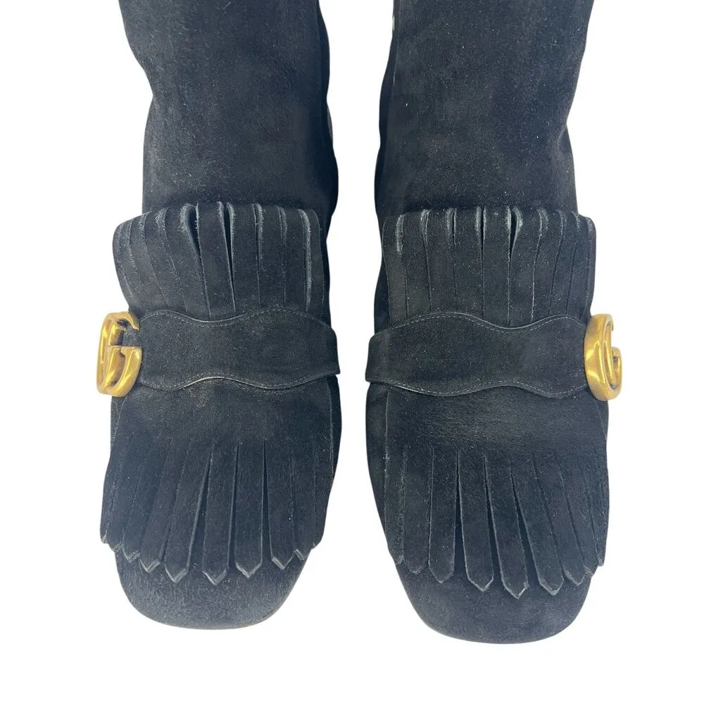 Gucci Suede Scamosciato GG Marmont Fringe Knee High Boots in Black - Image 8