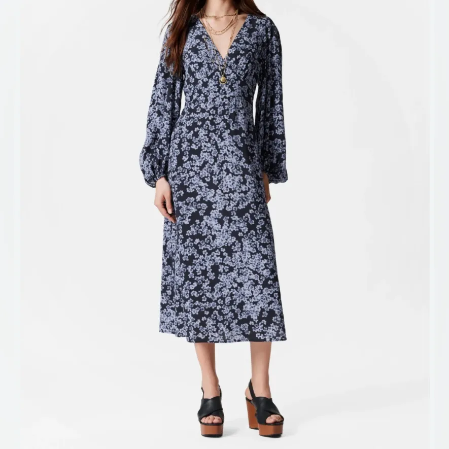 & Other Stories Women’s Size 4 Blue V-Neck Midi Dress Long Sleeve Side Slit - Image 3