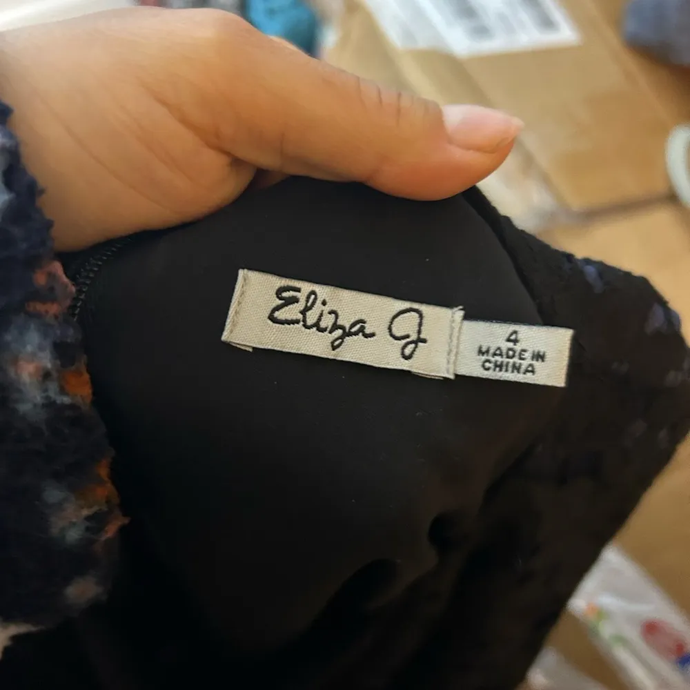 Eliza J Black & Blue Striped Floral Lace Formal Dress - Image 3