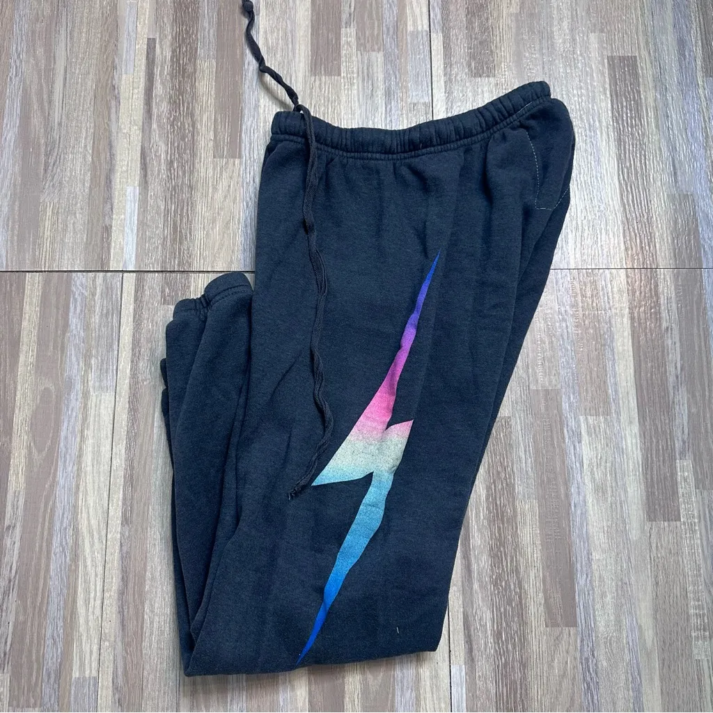 Aviator Nation Bolt Sweatpants Charcoal with Rainbow Lightening Bolt Size XS - Image 3