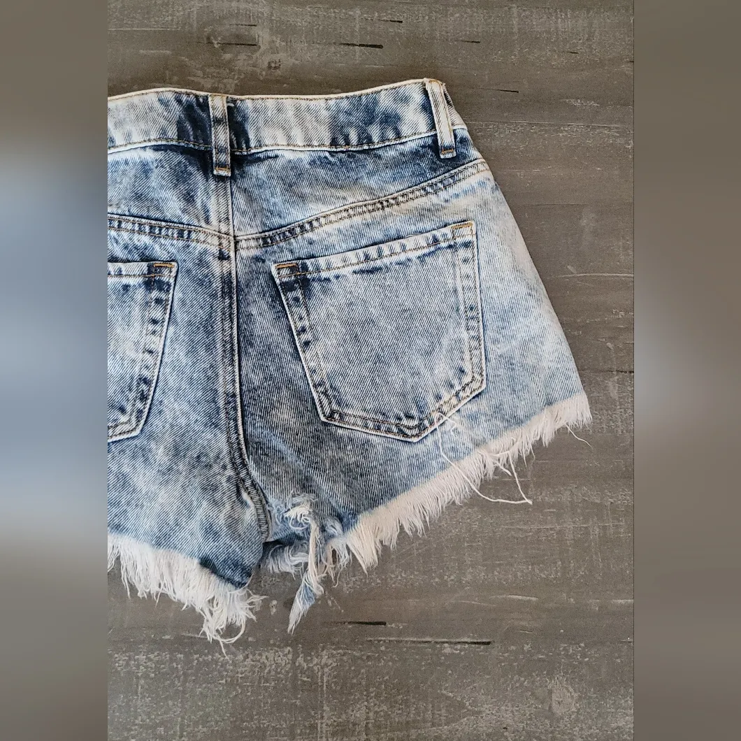 P A C S U N Hi-Rise Festival Acid Wash Raw Hem Jean Shorts Size 24 - Image 9