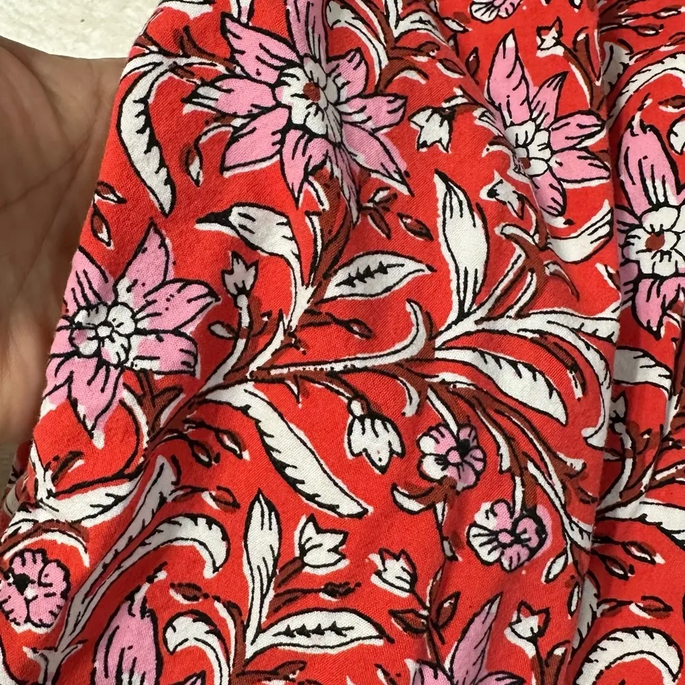 LOFT Red and White Boho Preppy Floral Tiered Ruffled Midi Dress with V-Neck - Image 3