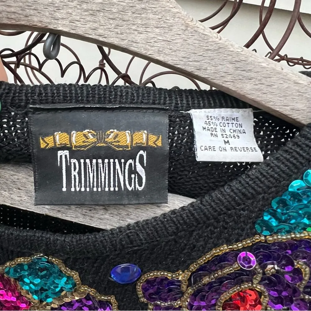 Vintage 90s Gaudy Sequin Floral Ornament Collar Ugly Holiday Tunic Sweater MED Black - Image 4