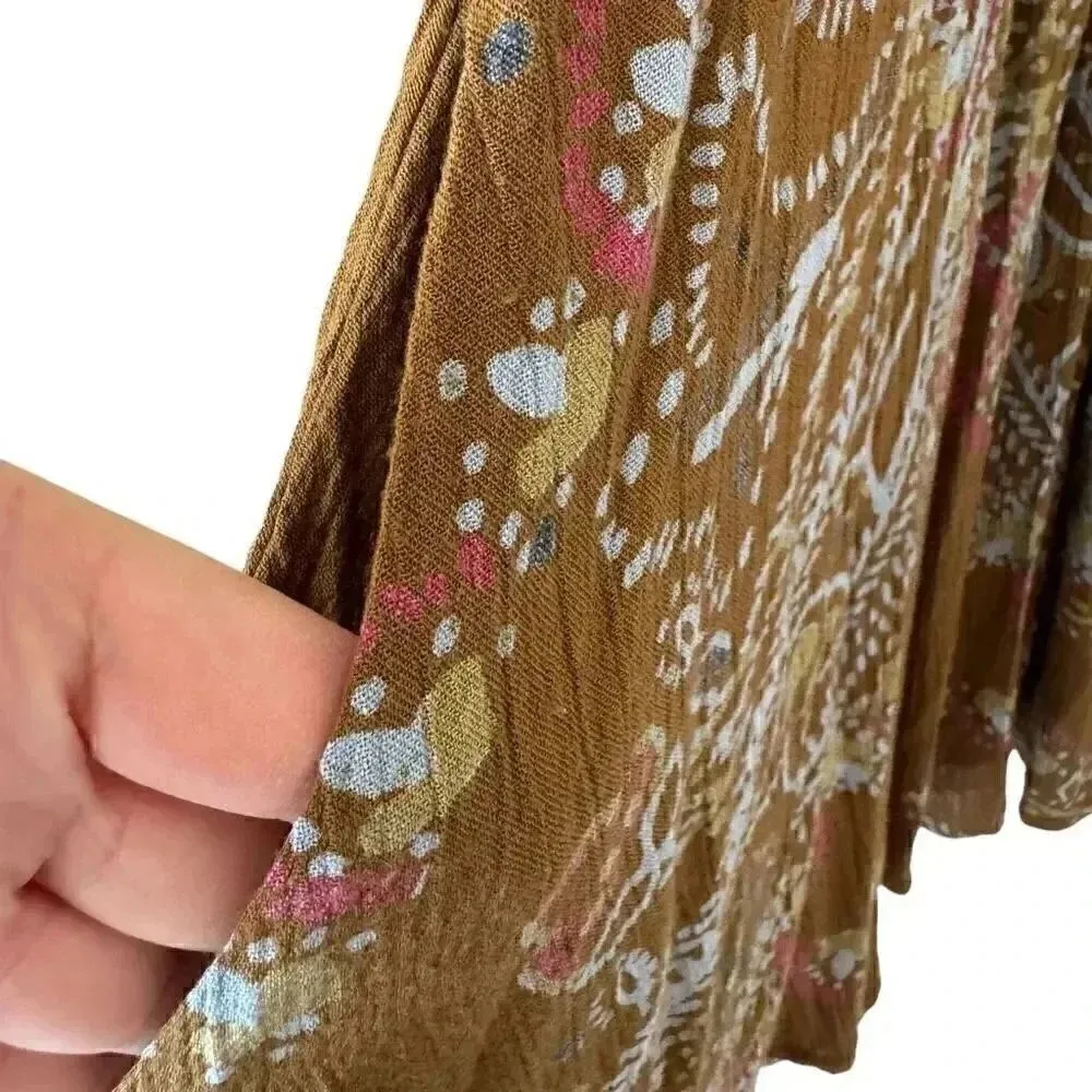 Free People  Brown green hippie babydoll peasant dress balloon sleeves S #1993 - Image 6