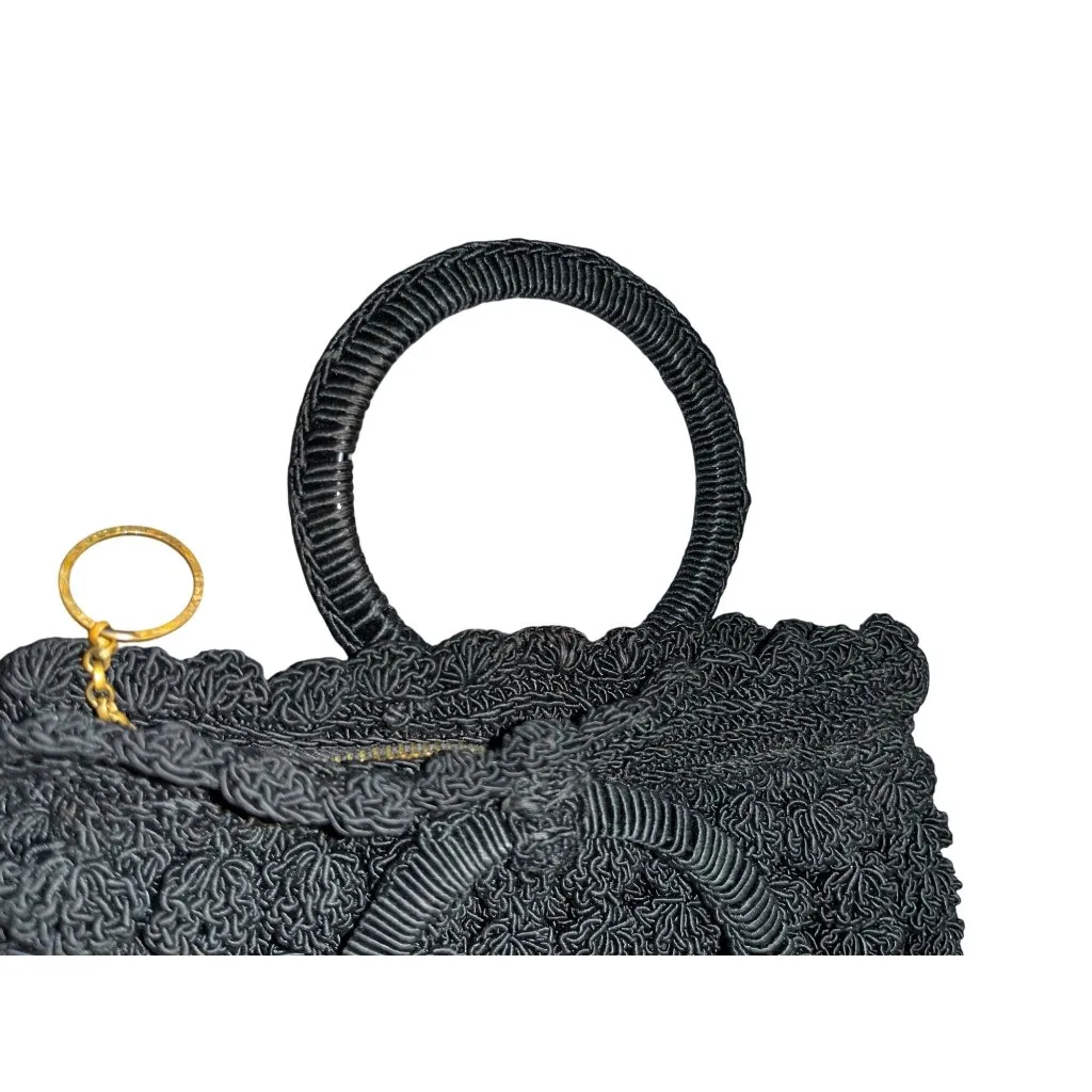 Vintage Black Crocheted Popcorn Stitch Handbag Small Purse Mid Century Used - Image 8