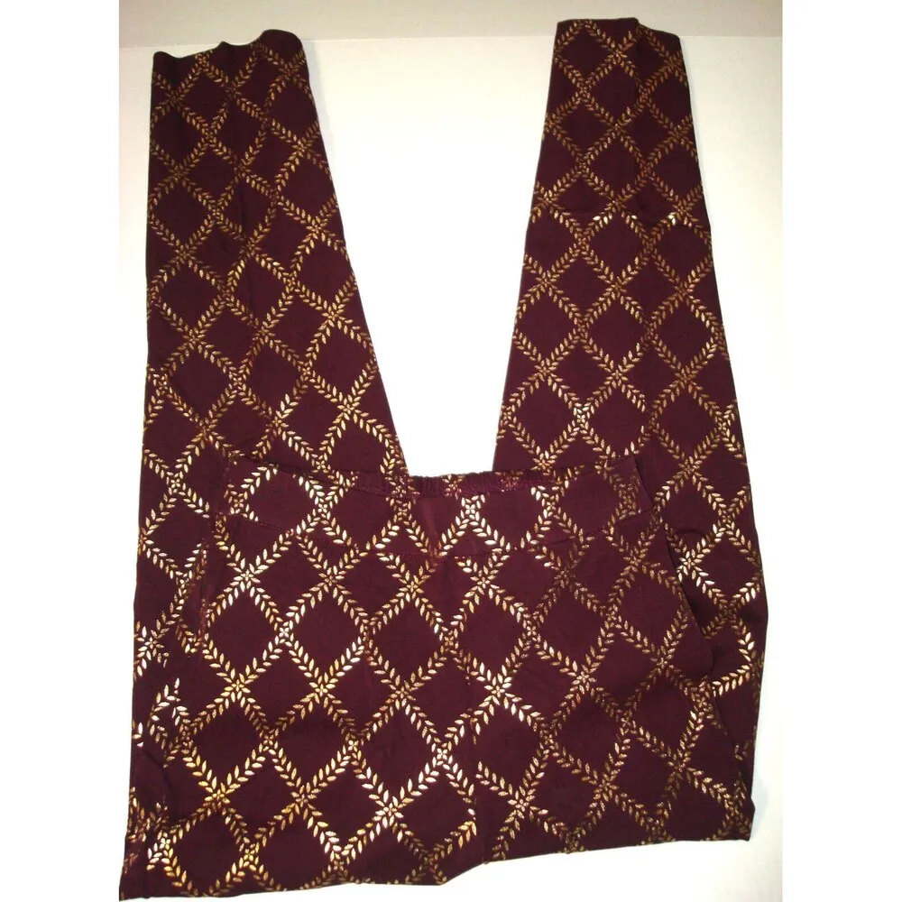 New Womens Isaac Mizrahi Live! Stretch Maroon Red Gold Foil Leaf Pants 2T 2 Tall - Image 3