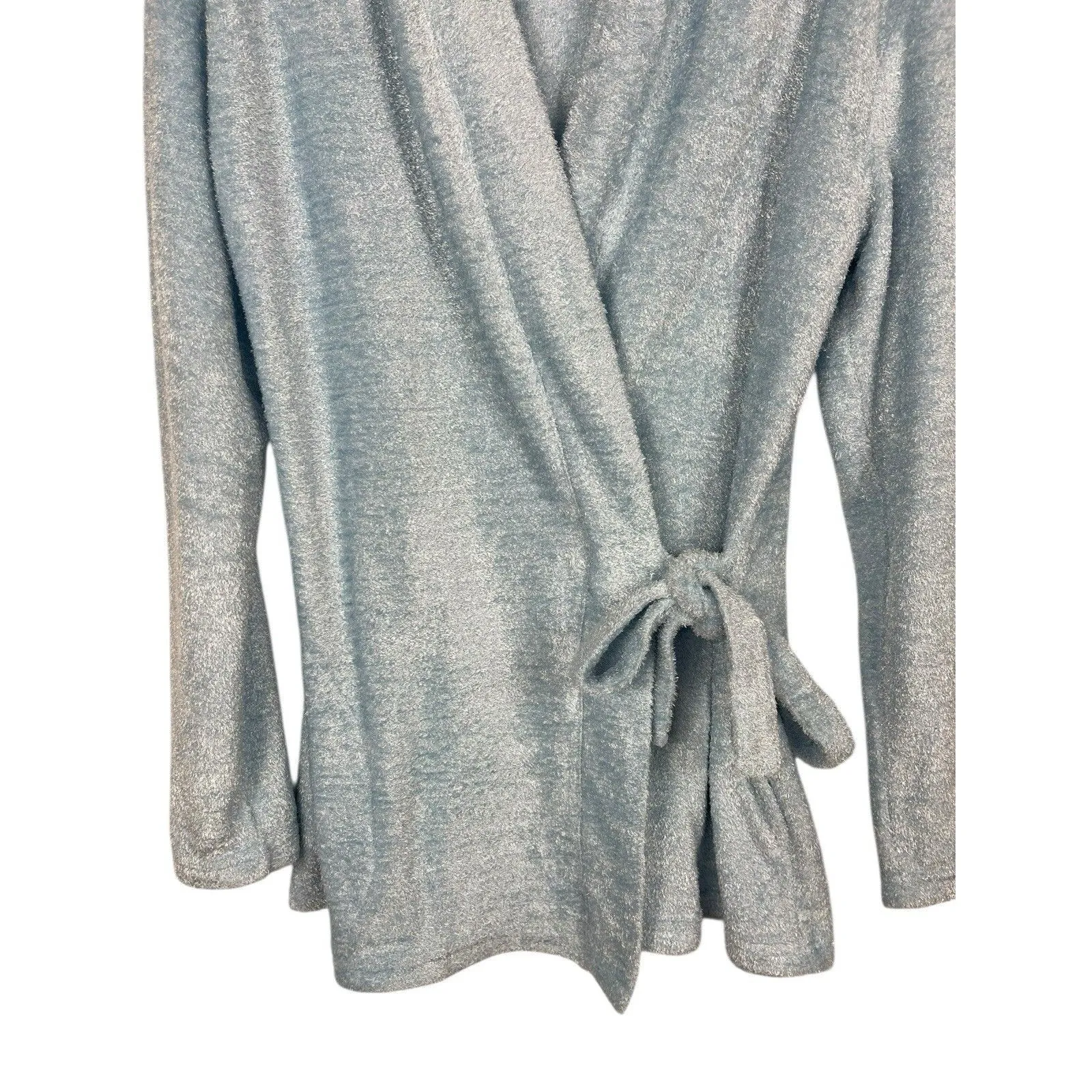 Muk Luks Women’s S Wrap Tie Front Cardigan Sweater Blue Shaggy Fuzzy Cozy Comfy - Image 3