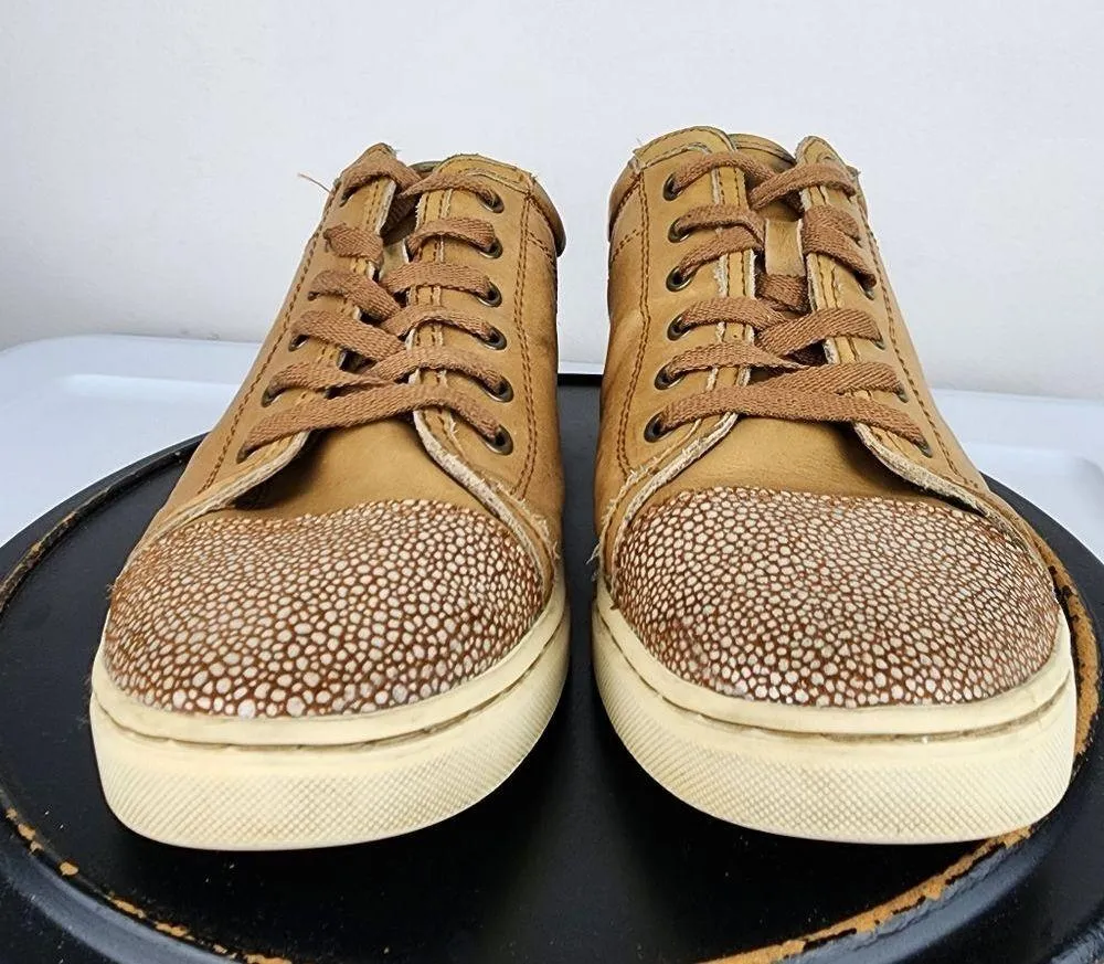 UGG Australia Taya Leather Tan Silver Low Top Sneakers 1006828 Lace Up Shoes 9.5 - Image 4