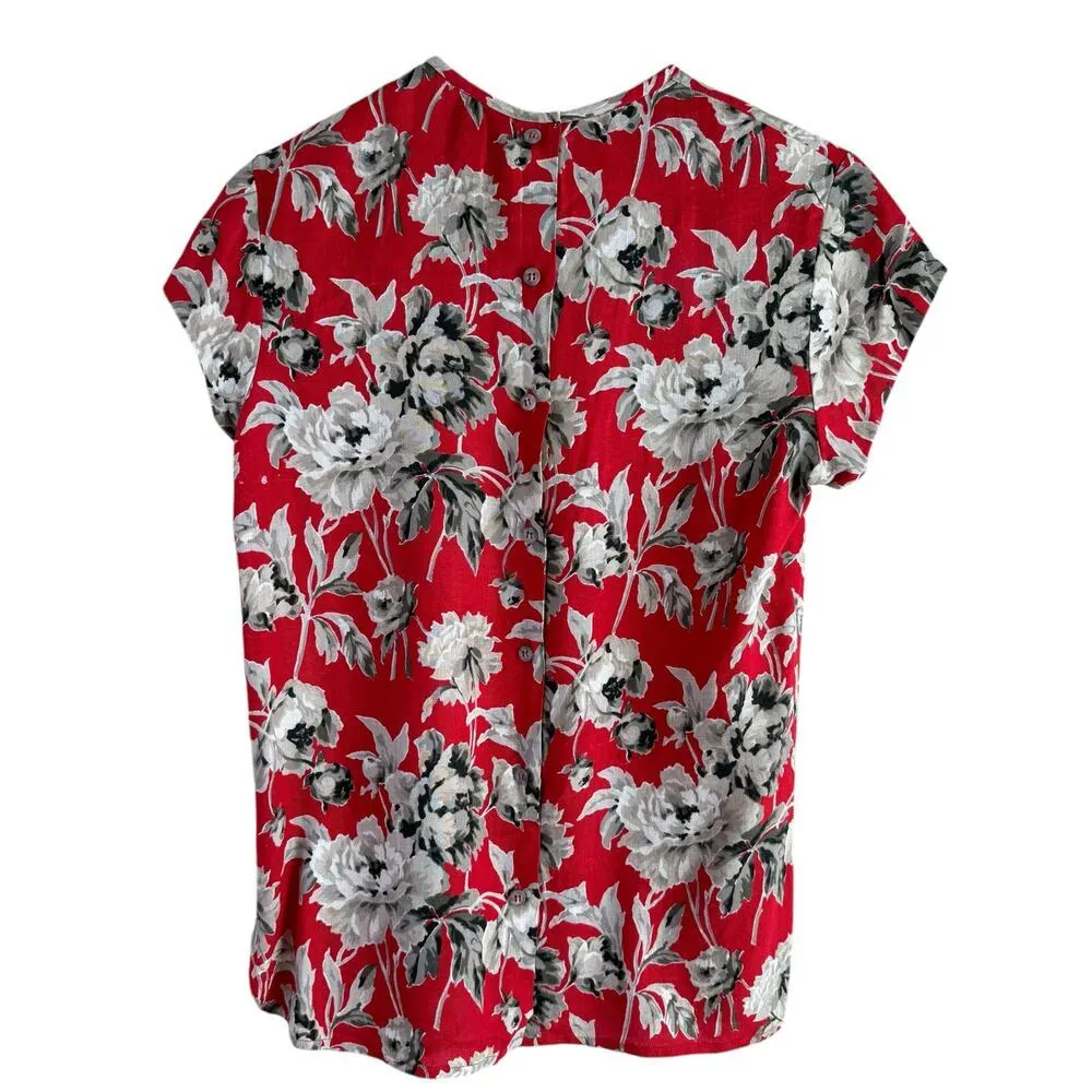 Vintage 80s Attaché Herman Geist Linen Red Floral Blouse Button Back Crewneck, 8 - Image 7