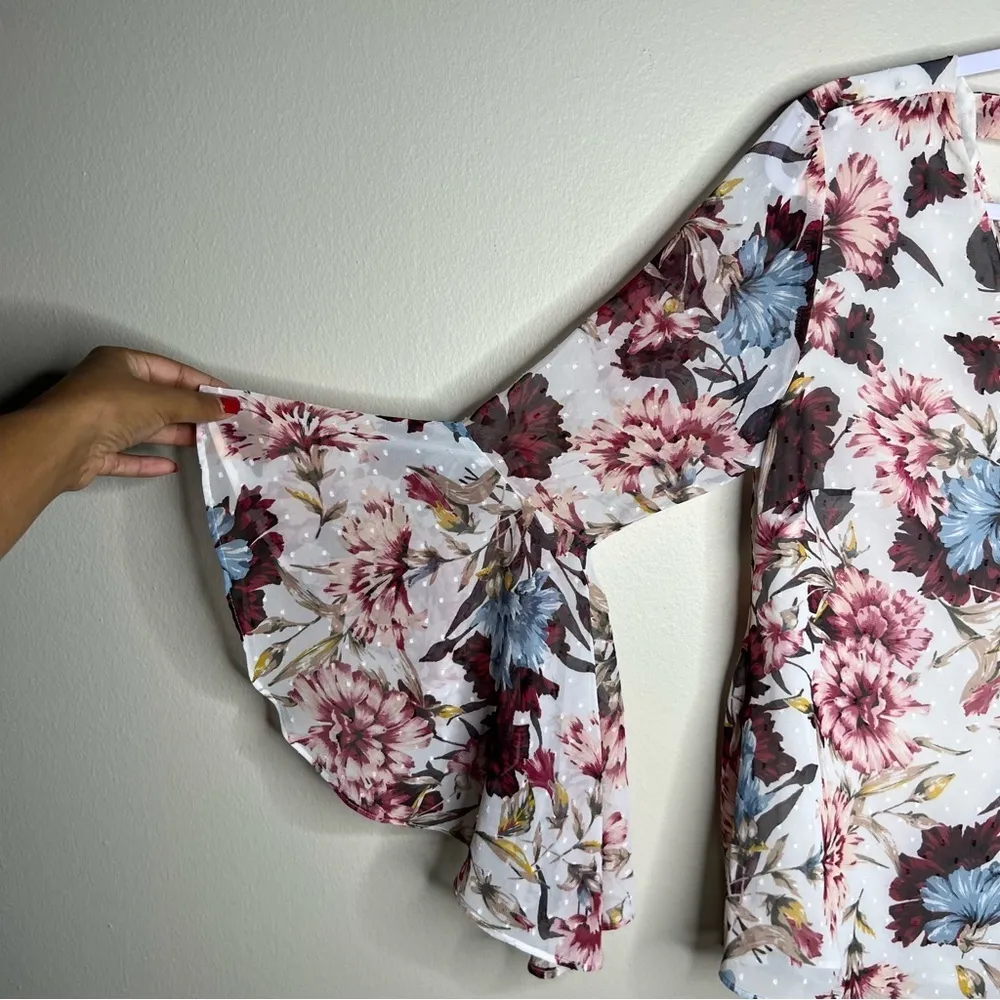 WHBM Floral Print Sheer‎ Chiffon Flowy Flare Sleeve Swiss Dot  Feminine Blouse - Image 4