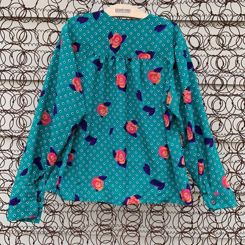 Vintage teal diamond dot rose button down long sleeve secretary blouse Size L - Image 9