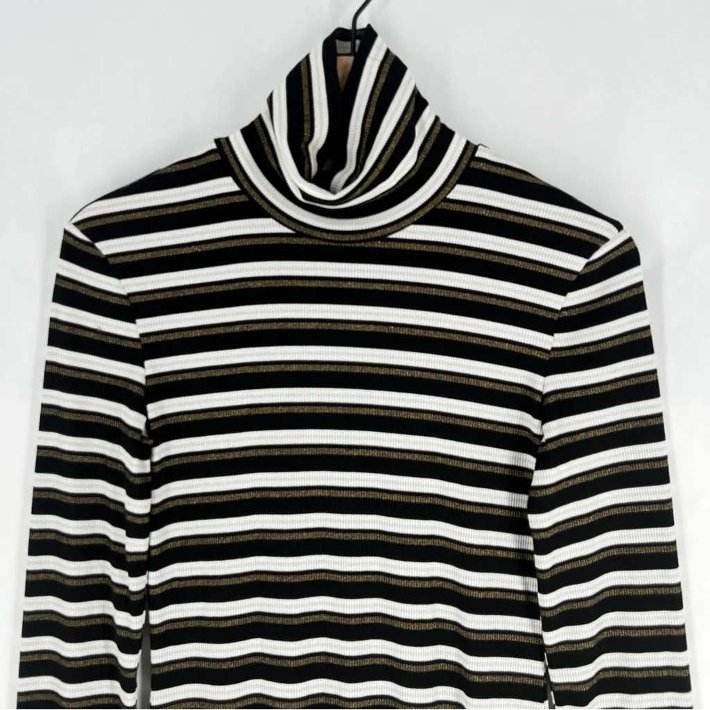 NSR Metallic Striped Ribbed Turtleneck Midi Dress Long Sleeve Stretch Size S Black - Image 3