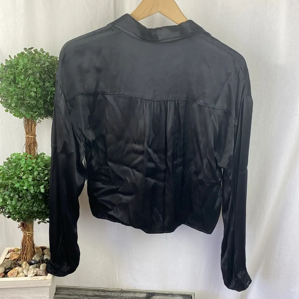 Ciebon 100% Silk Black Long Sleeve Cropped Button Up Blouse Top XS NEW - Image 2