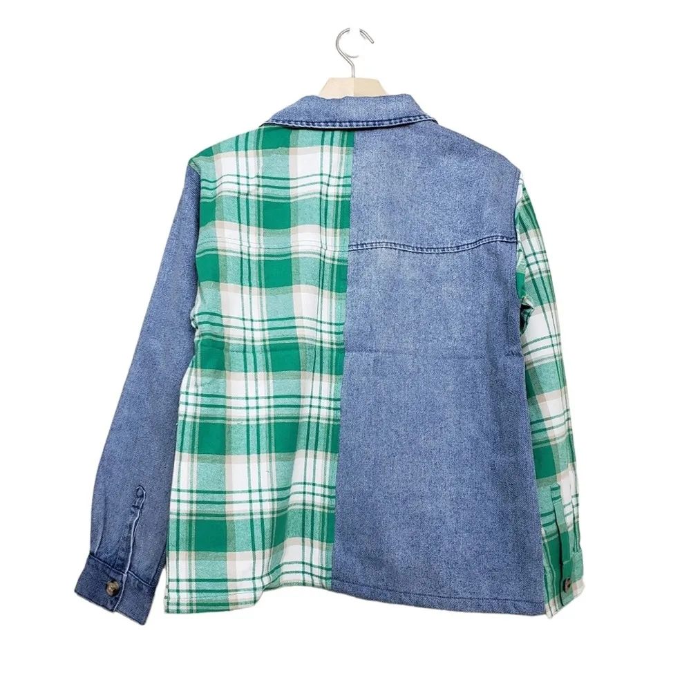 STEVE MADDEN Womens S Denim Flannel Mix Shirt Jacket Green Plaid NEW - Image 3