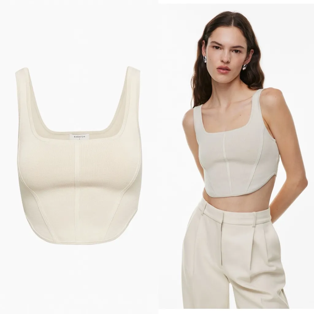 Aritzia Babaton Sculpt Knit Bustier Tank Cropped Top Off White Medium - Image 2