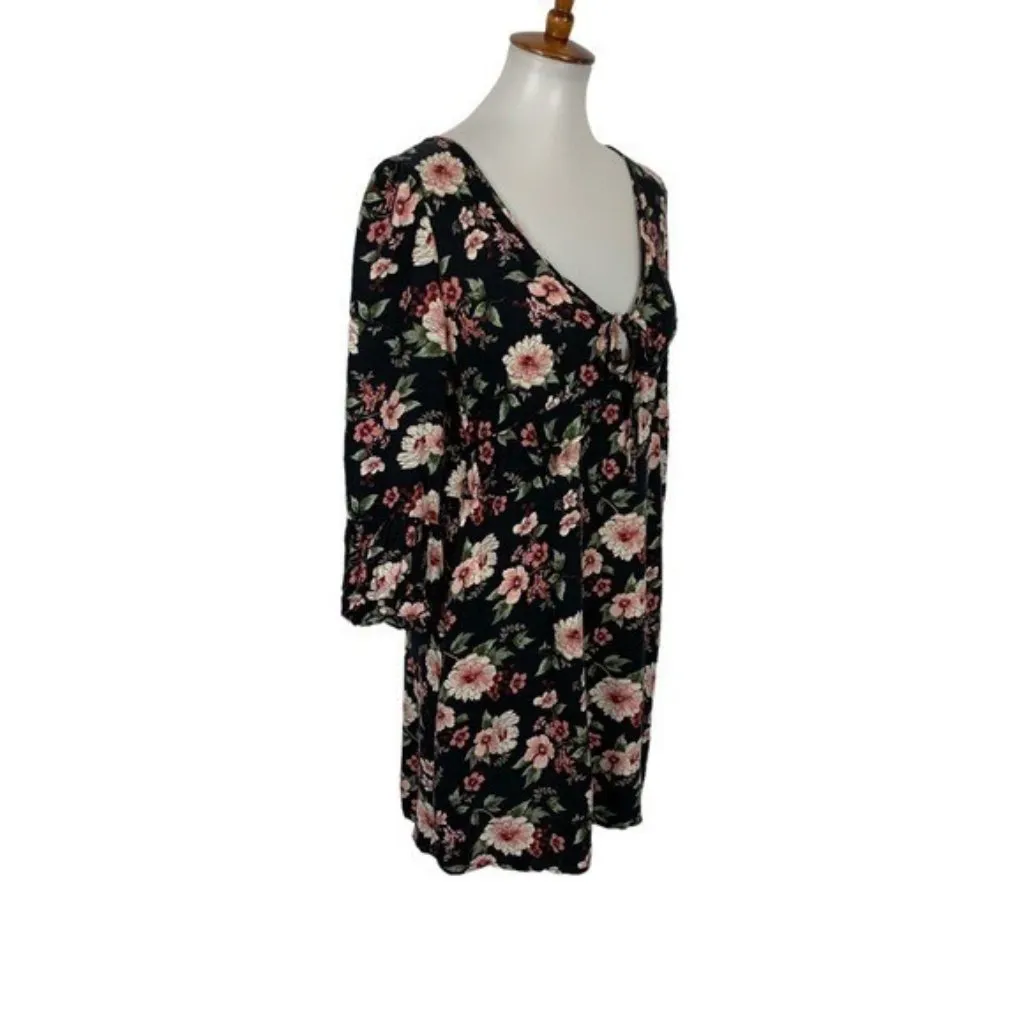 American Eagle Black Floral Long Sleeve Mini Dress Cottagecore Boho‎ Stretch S - Image 3