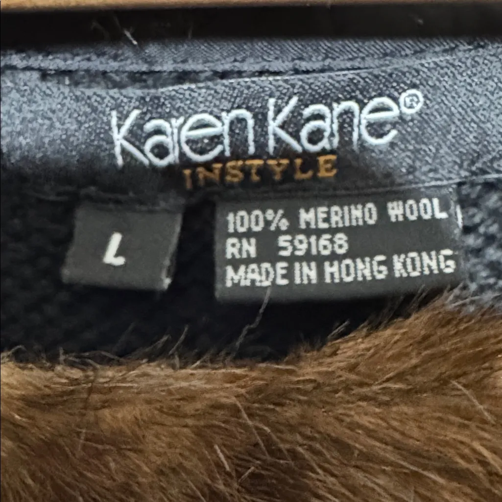 Karen Kane Black 100% Merino Wool Sweater with Brown Faux Fur Collar Large - Image 3