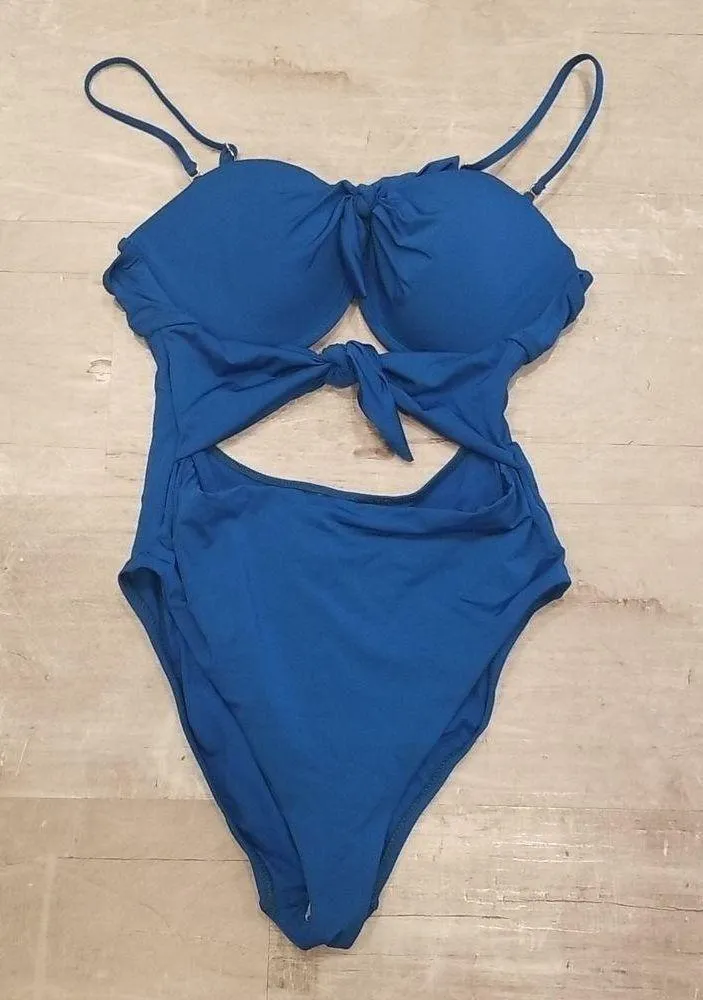 💕TRINA TURK💕 Getaway Solid Tie Bandeau One Piece Swimsuit Teal Blue 14 NWT - Image 8