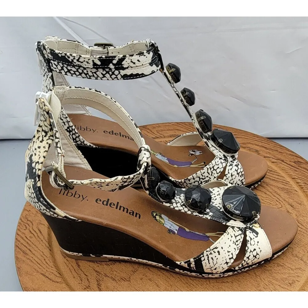 Libby Edelman Wedge Zipper Back Open Toe Strappy Shoes 8M White Snake Print EUC Size 8 - Image 2