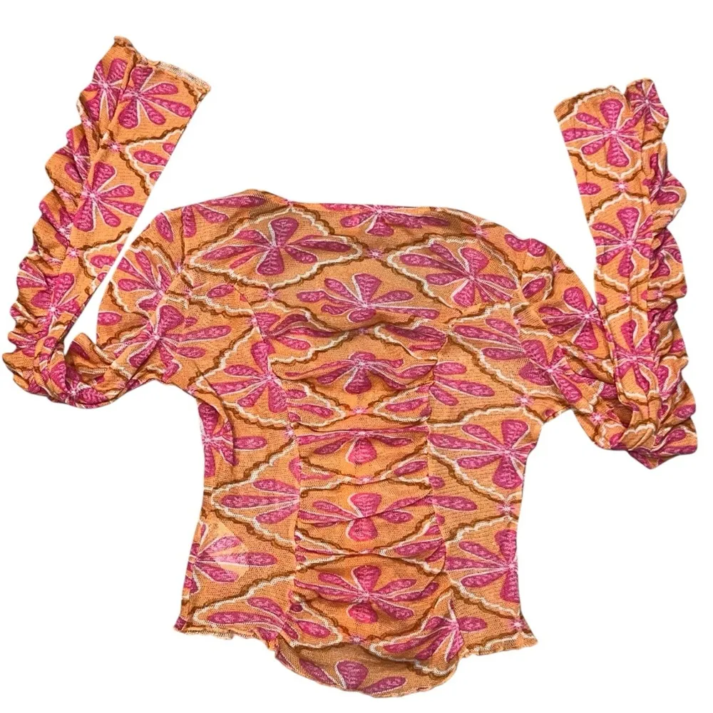 Free People Through The Meadow Ruched Mesh Orange & Pink Floral Long Sleeve Top - Image 8
