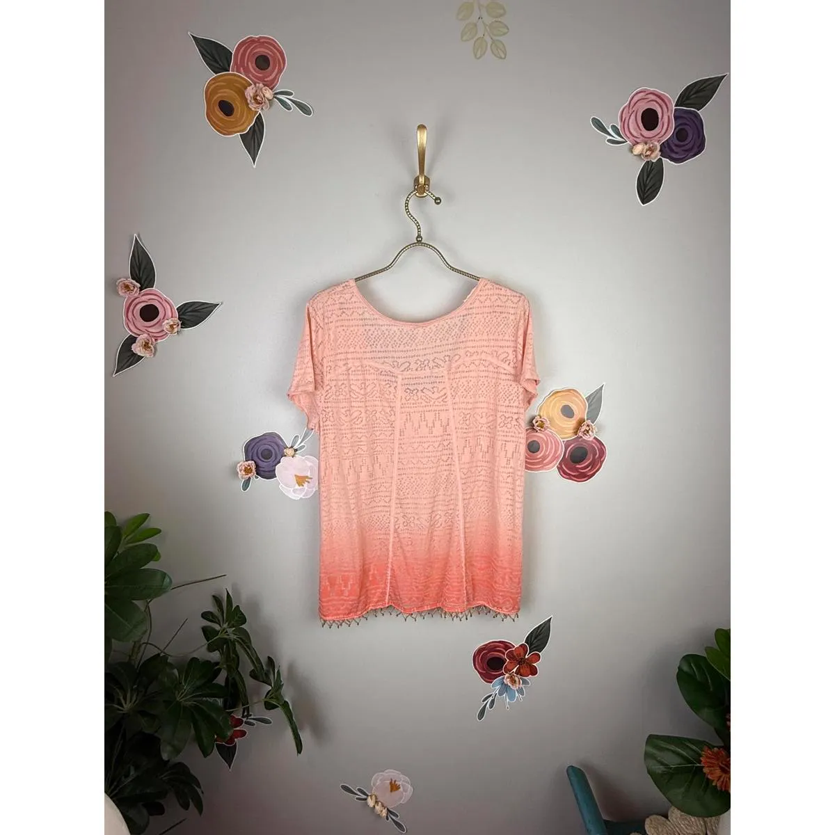 Free People Coral Ombre Burnout Beaded Hem Scoop Neck Top - Size - Large - Image 3