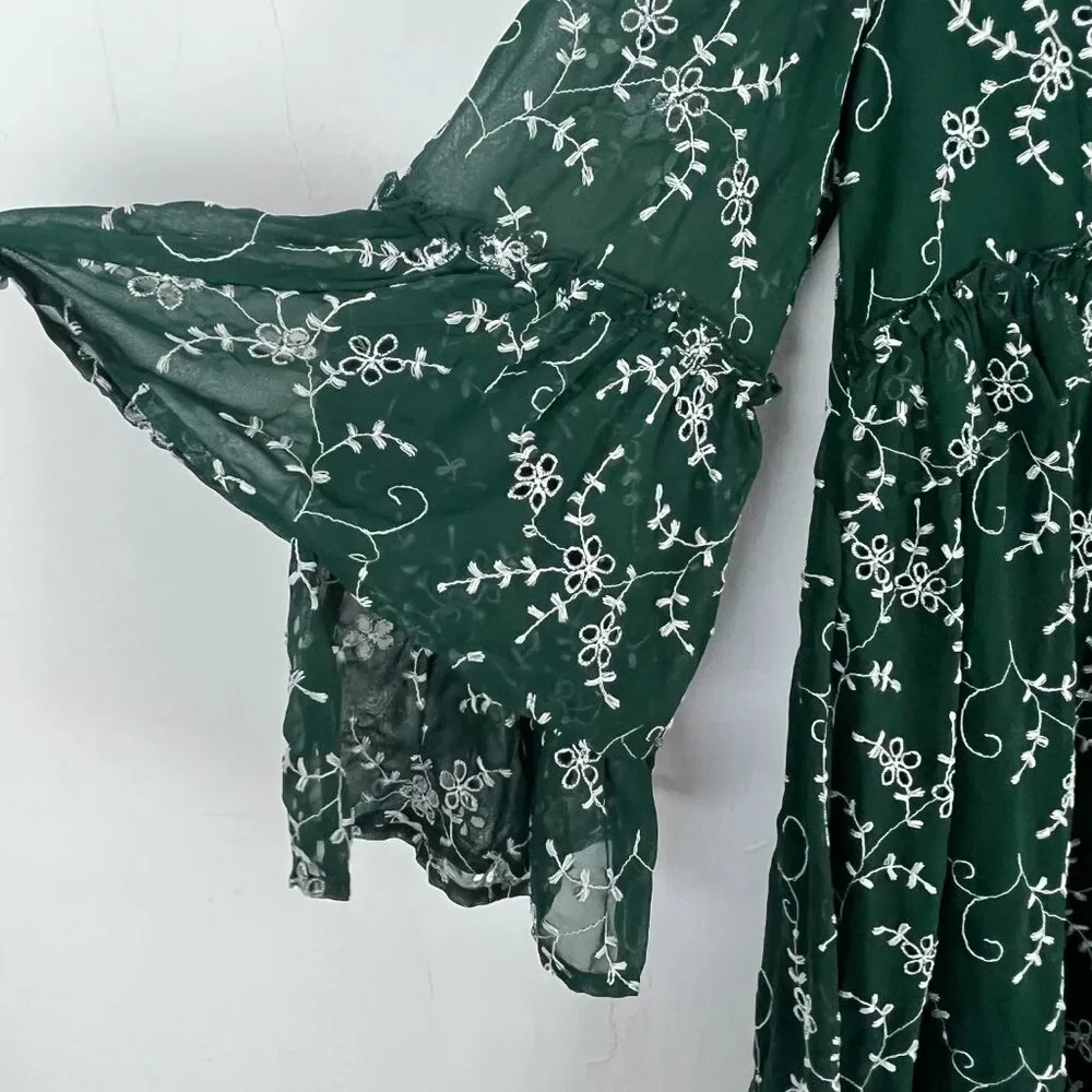 Coast Floral Embroidered Bell Sleeve Ruffle Hem Dress Green US Size 6 EUC - Image 4
