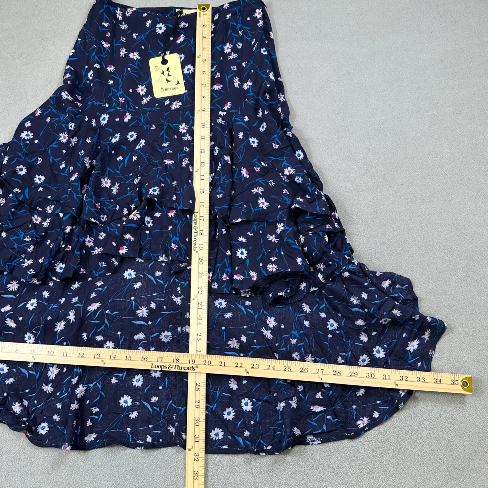 8 Birdies Floral Ruffle Maxi Skirt Womens S Navy Blue Cottagecore Layered Zipper - Image 3