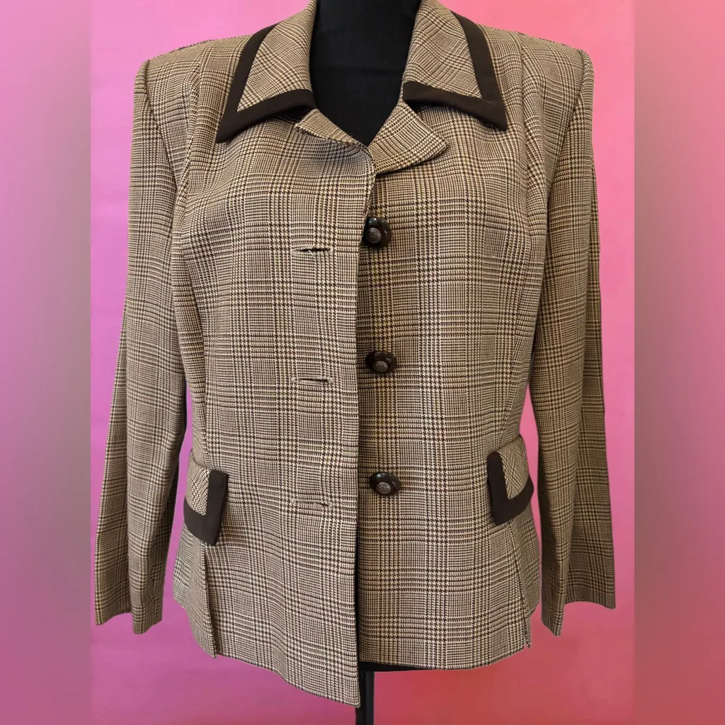 Vintage 80s Virgo II Tan Khaki Brown Houndstooth Blazer w/ Shoulder Pads Size 14 - Image 3