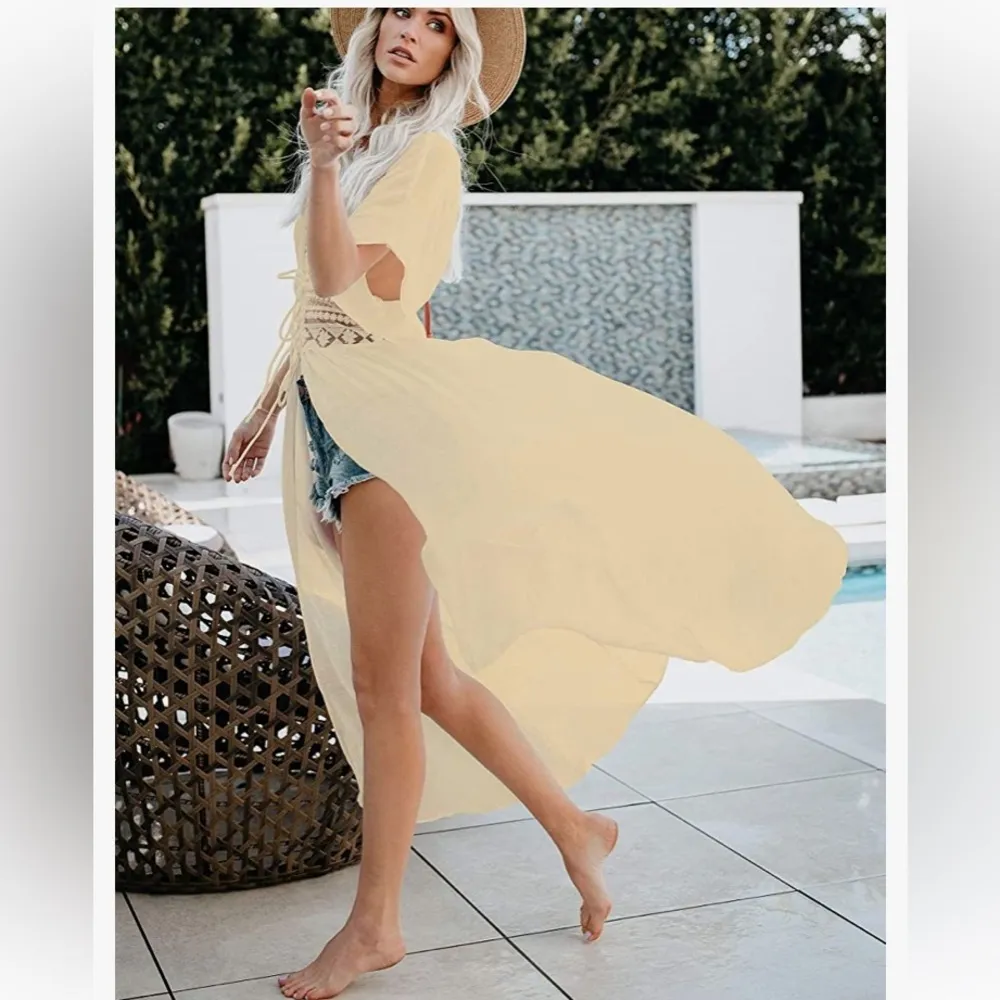 Women's Long Open Front Swimsuit Cover Up with Drawstring in Light Yellow - Image 4