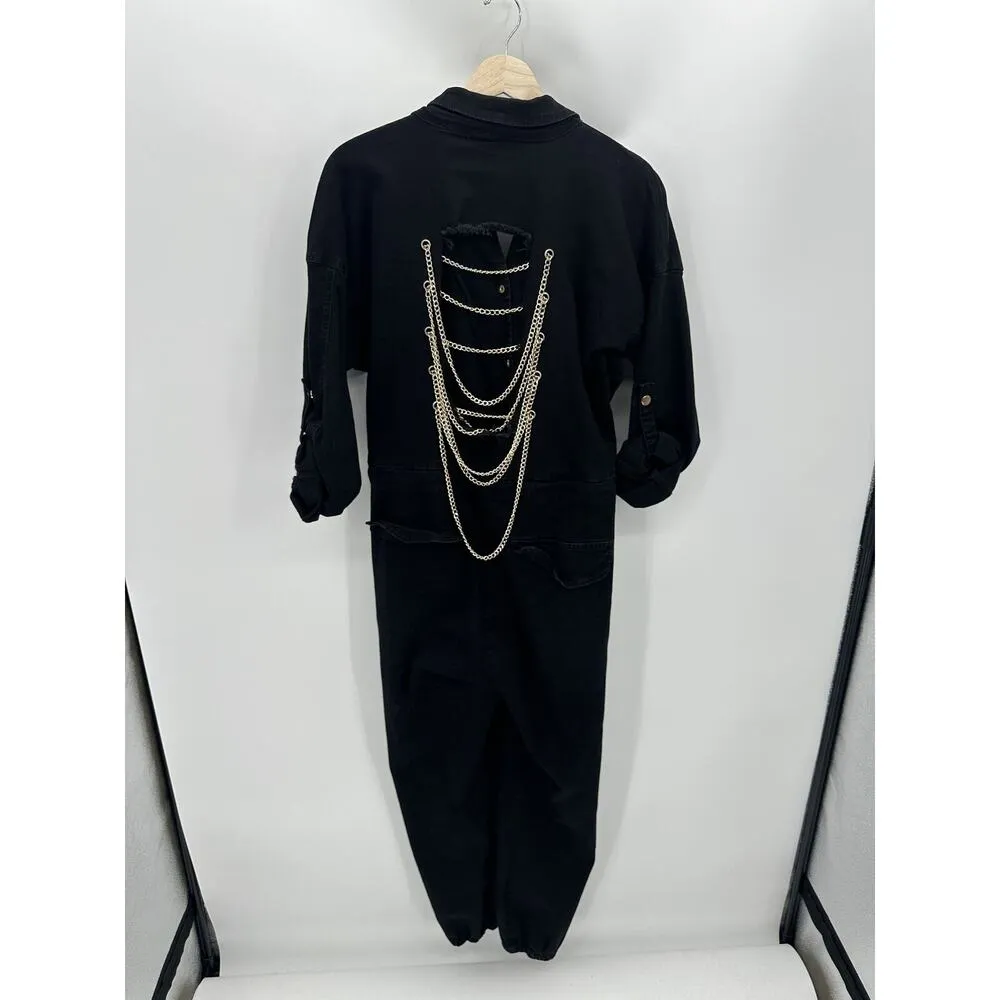 American Bazi Black Long Sleeve Collared Button-Up Casual Jumpsuit Womens Size L - Image 3