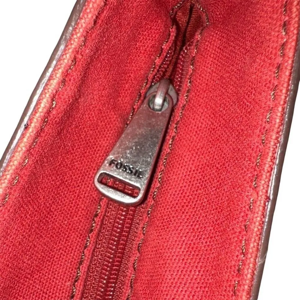 Fossil  Hunter Leather Tote Bag Pink Red Zip Closure Key Charm Silver Hardware - Image 9
