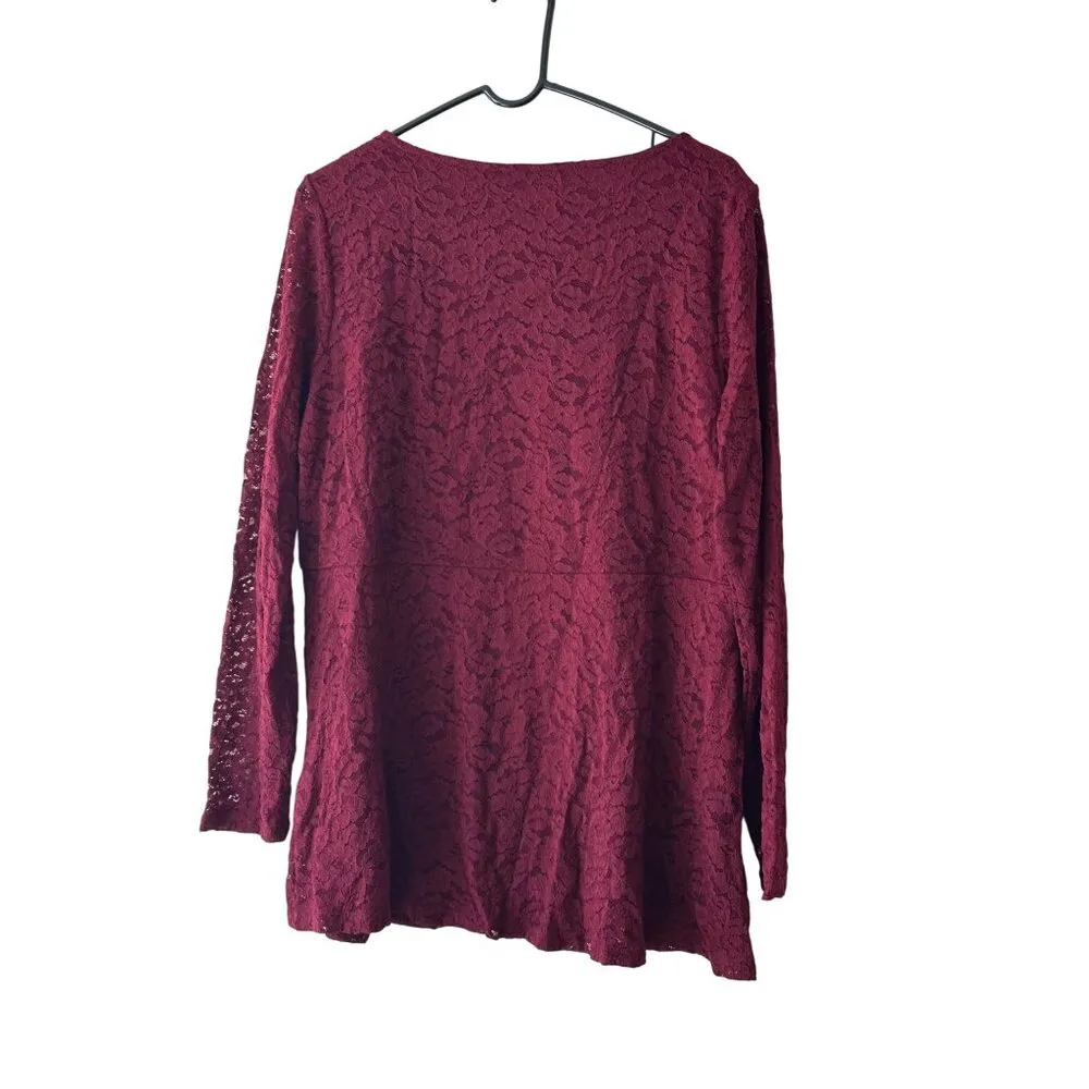 Susan Graver Womens Burgundy Lace Overlay Long Sleeve Tunic Top L Sheer Sleeves - Image 2