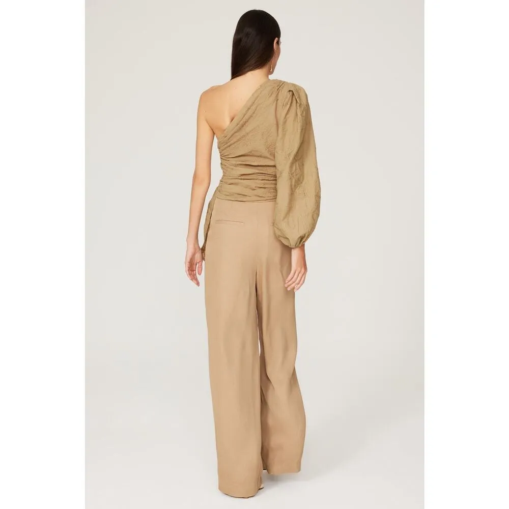 Maje Lalmeto One Sleeve Cut Out Ruched Tie Waist Tan Top Size Large - Image 3