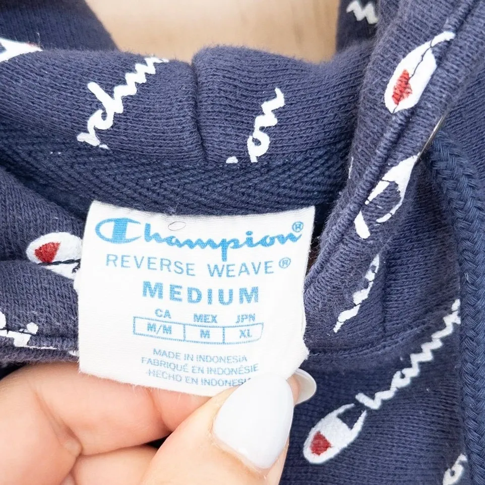 Champion Reverse Weave All Over Logo Cropped Hoodie Size M Navy Y2K Sporty - Image 4