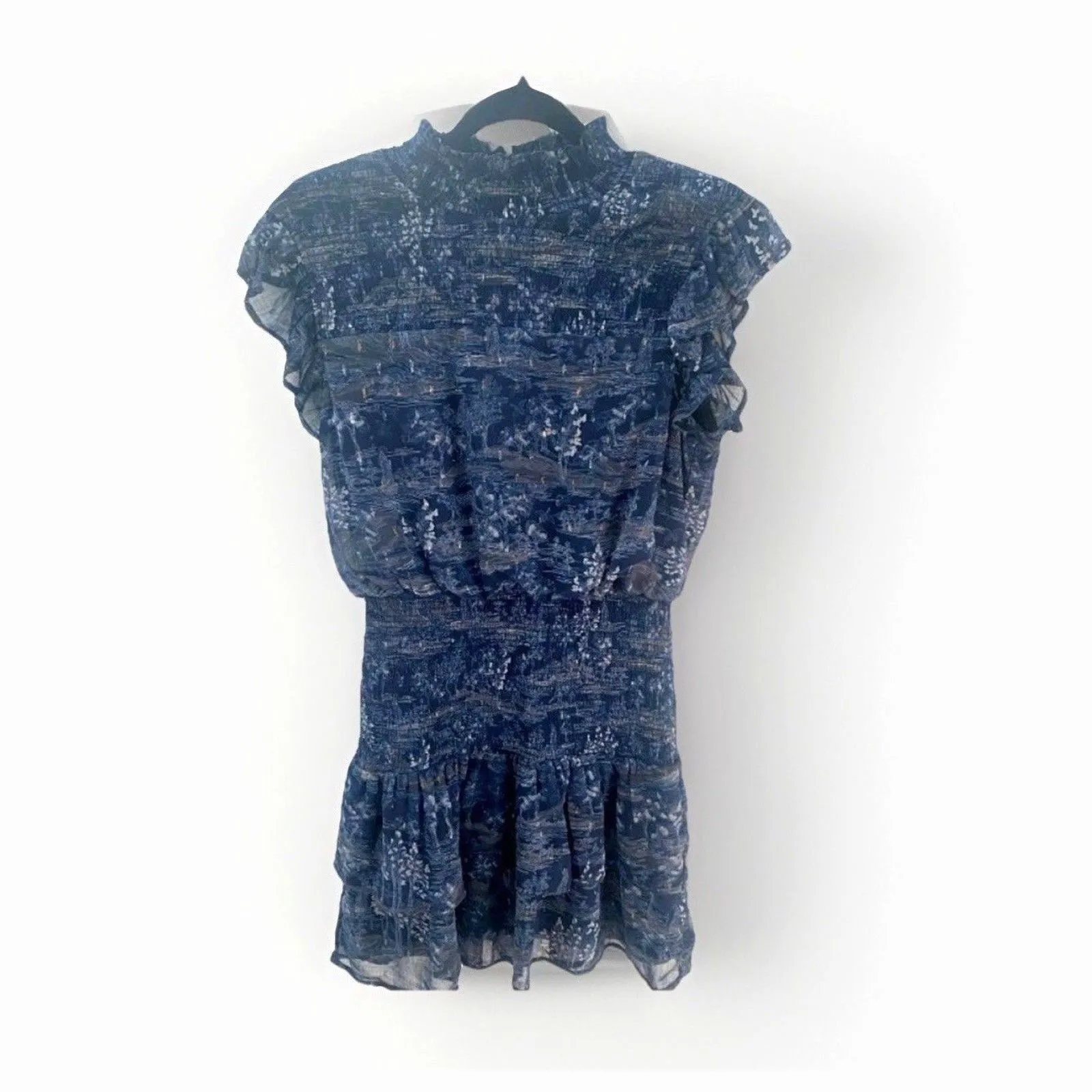 AQUA Smocked Mock Neck Mini Dress Blue Women’s M Tiered Ruffle Fairy Whimsigoth - Image 2