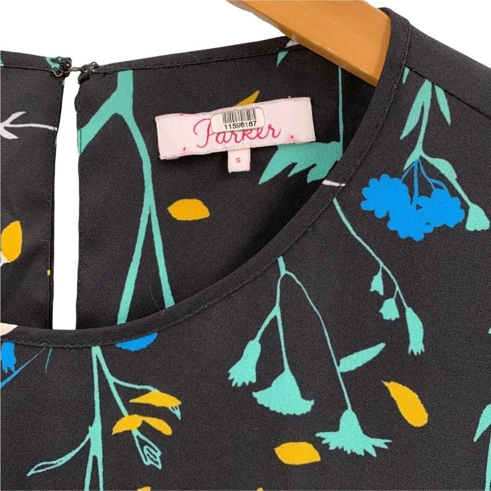 Parker Black Floral Crepe JOELLE Long Sleeve Ruffle Fit Flare Dress Size Small - Image 7