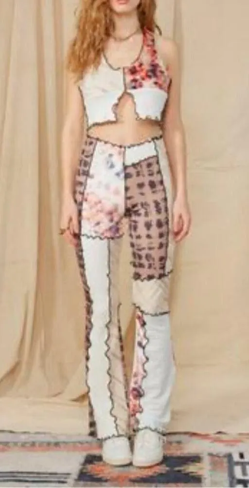 Jaded London - Mixed Print Patchwork Halter Crop Top Flare Pants Set White Brown - Image 6