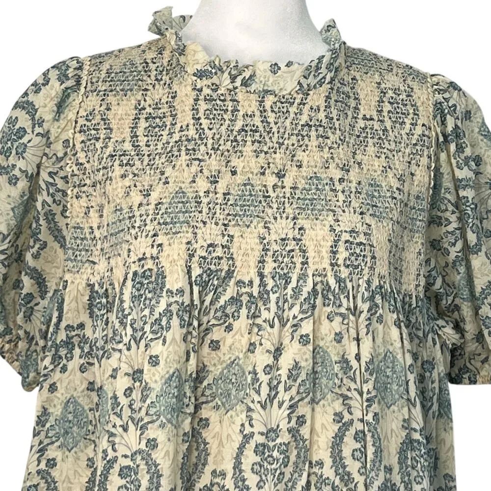 Easel Babydoll Smocked Antique Blue Cream Floral Damask Lace Trim Dress S Boho - Image 2