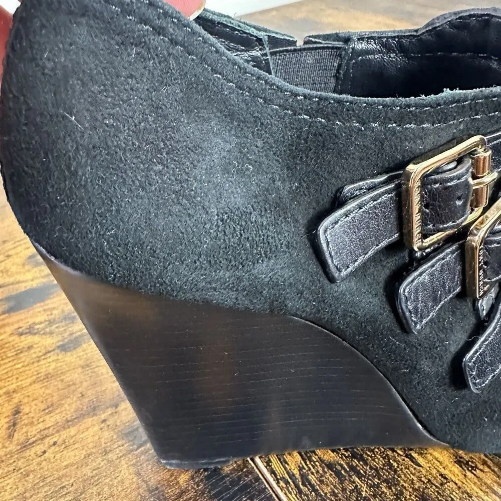Tory Burch Gabrielle Buckle Suede Black‎ Wedge Booties Size 6 - Image 13
