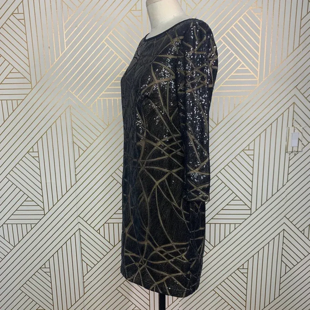 Tadashi Shoji Black Nude Sequin 3/4 Sleeve Mini Dress Size‎ US 6 - Image 5