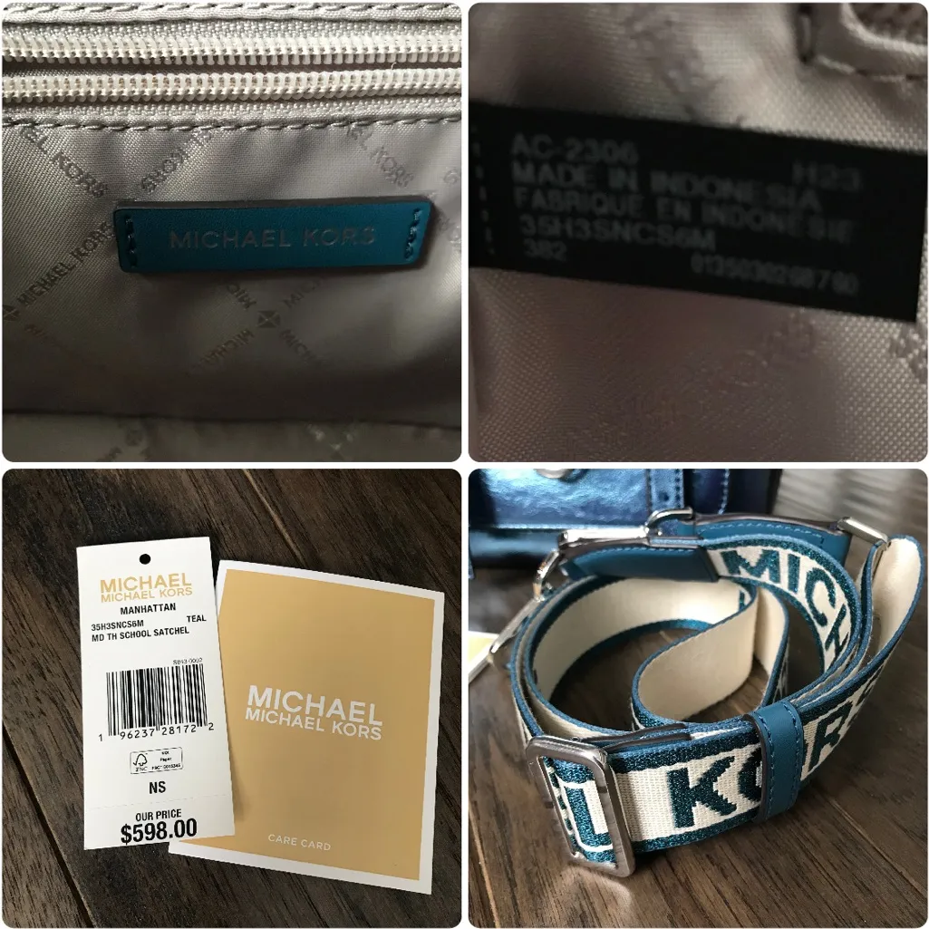 Michael Kors Manhattan Medium Top Handle School Satchel Bag, Metallic Leather Blue - Image 9