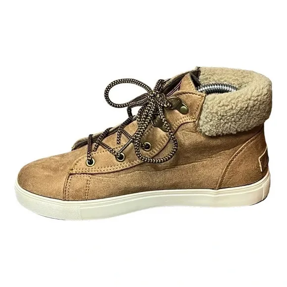 MARLEYLILLY HIGH TOP SNEAKER BOOTS FAUX SUEDE LACE‎ UP WOMEN'S SIZE 7 LIKE NEW Tan - Image 5