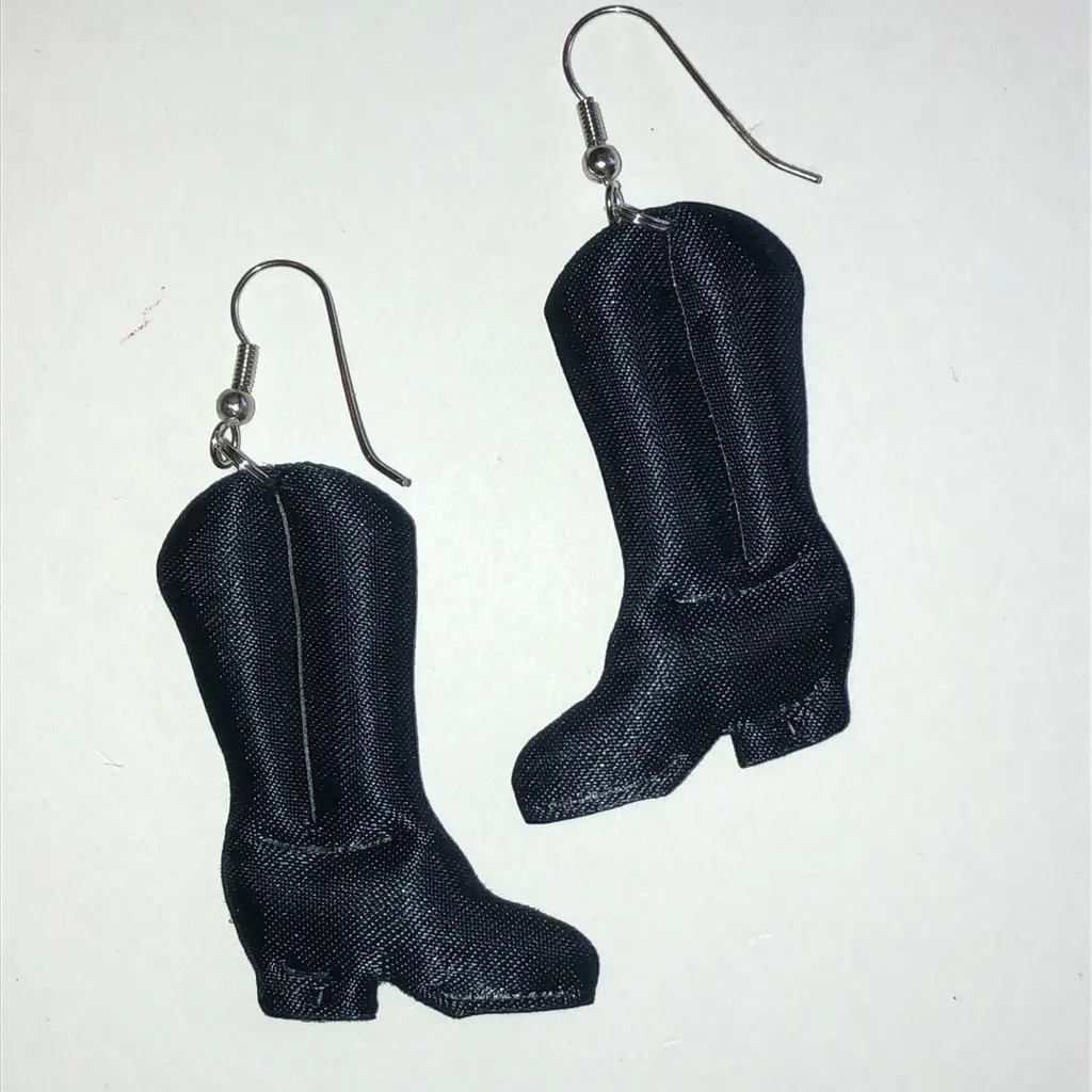 Black Fabric Cowboy Boot Earrings with Gold Tone Stars - Image 4